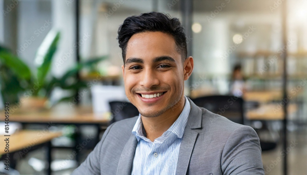 attractive smiling male office worker posing in office and looking at camera attractive smiling male office worker posing in office and looking at camera