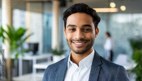 attractive smiling male office worker posing in office and looking at camera