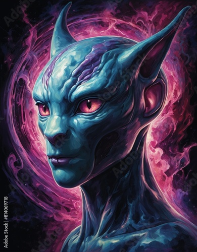 Cat-like mystical hybrid animal trading card game character with blue and purple skin and large pointed ears surrounded by pink and purple clouds of smoke