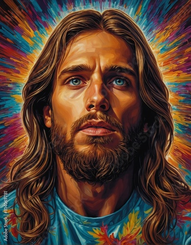 Interesting modern interpretation of Jesus Christ with long hair and a beard wearing a t-shirt with vibrant multi-colored background Christian art photo
