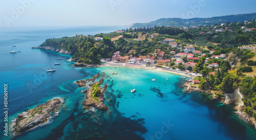 Aerial view of a beach in Greece, with turquoise water and lush greenery surrounding it, showcasing the picturesque setting on a Greek island