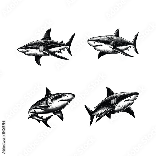 set of sharks illustration. hand drawn shark black and white vector illustration. isolated white background