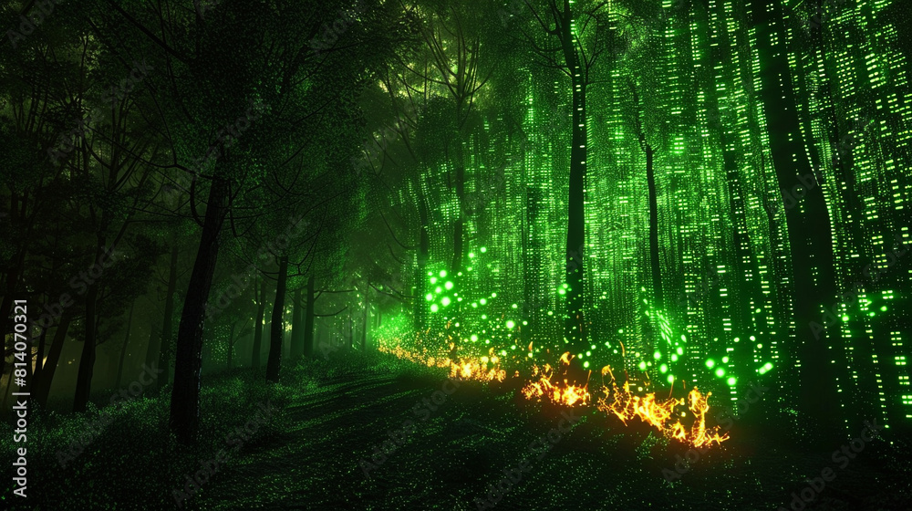 Fototapeta premium Digital wildfire, spreading fires of green matrix code over a dark forest