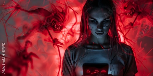 Woman scared by messages on phone surrounded by monsters in red light. Concept Horror Photography  Spooky Concept  Fearful Expressions  Paranormal Images  Dark Aesthetic