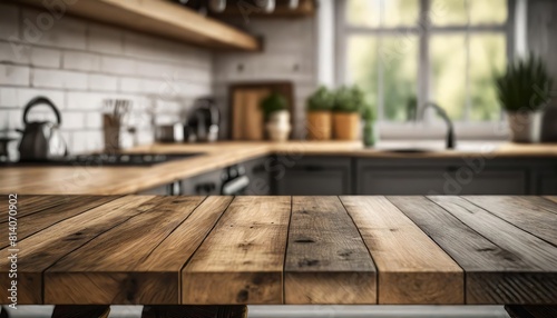 Empty wooden table and blurred kitchen background, Wooden table on blurred kitchen bench background in a restaurant, Wooden tabletop over defocused kitchen background