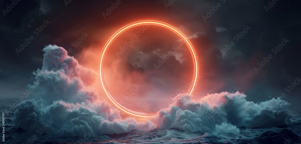 3D round frame capturing a swirling cloud under the glow of a tangerine neon ring.
