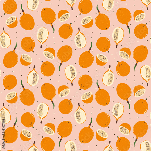 Granadilla half and whole fruit seamless pattern. Tropical fruits and leaves endless background. Yellow passion fruit repeat cover. Exotic sweet grenadia loop ornament. Vector illustration.