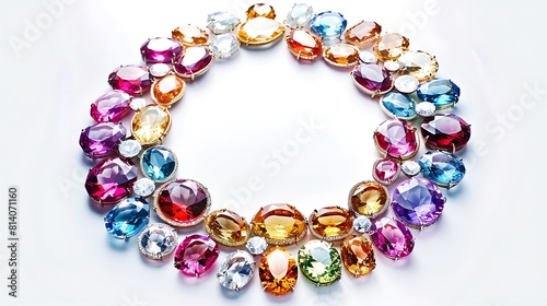 Colorful necklace adorned with dazzling gemstones, laid against a clean white background, radiating elegance.