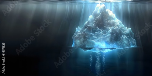 Tip of an iceberg visible above the dark sea with most submerged. Concept Iceberg, Ocean, Submerged, Top, Contrast
