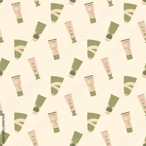 Skincare cosmetics beauty tubes seamless pattern. Vector illustration.