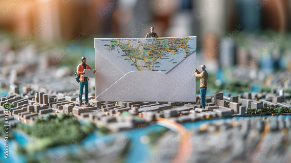 miniature people navigate a mail through GPS city map of the USA, their ...