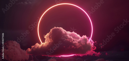 3D round frame highlighting a cloud with a rich maroon neon light ring. © Aqeel