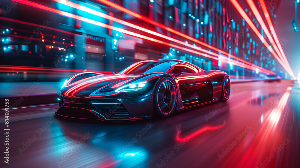 dynamic scene, a futuristic car speeds through a neon-lit cyber city backdrop dynamic scene, a futuristic car speeds through a neon-lit cyber city backdrop
