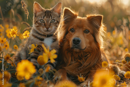 Happy dog and cat enjoying a sunny day in a flower meadow