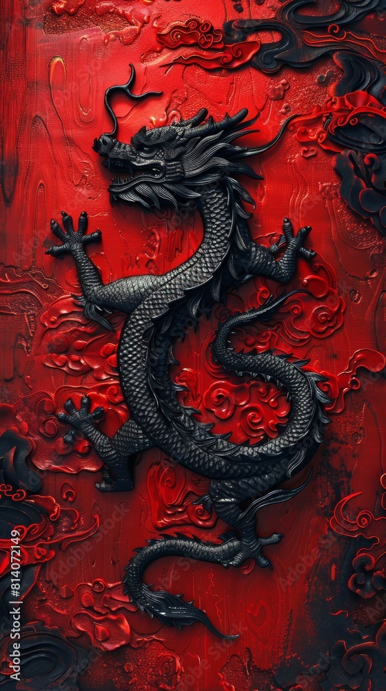 Obraz premium Intricate Chinese Dragon Woodwork Art on Red Background Generative AI