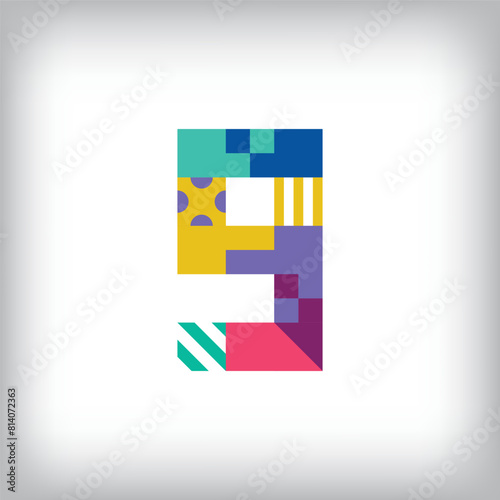 Creative number 9 logo with geometric shapes. Creative educational colorful graphics. Vector
