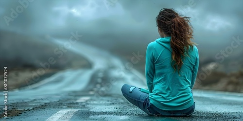 A woman with social anxiety isolated on an empty road. Concept Mental Health, Social Anxiety, Isolation, Emotional Turmoil, Empty Road photo