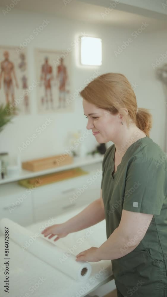 Healthcare time. smiling female massage therapist in massage cabinet with disposable sheet preparing for new client. Healthcare time. smiling female massage therapist in massage cabinet with disposable sheet preparing for new client.