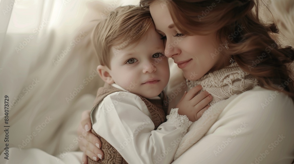 Mother's Day Celebration: Happy Mom and Little Boy Hugging Generative AI Mother's Day Celebration: Happy Mom and Little Boy Hugging Generative AI