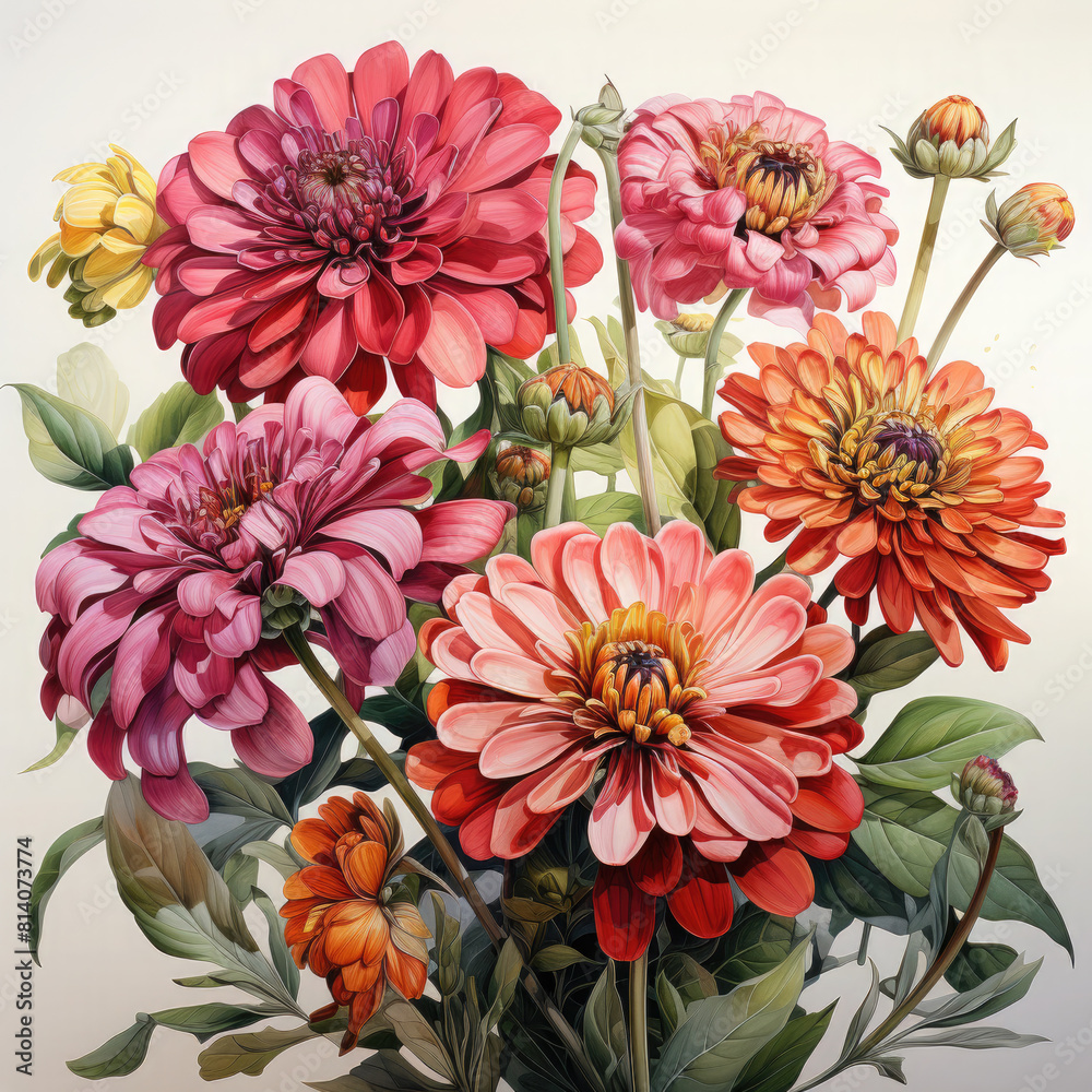 Watercolor Zinnia Illustration, Generative Ai