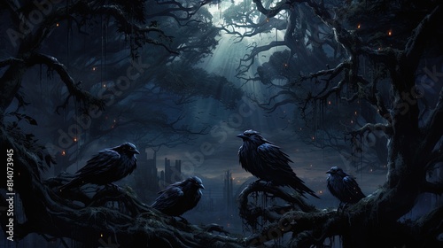 Illustration of many crows sitting on a tree branch in a dark forest, Halloween background with crows and scary forest.