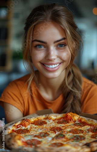 Young woman enjoys pizza in her modern kitchen  seated by table with open food box