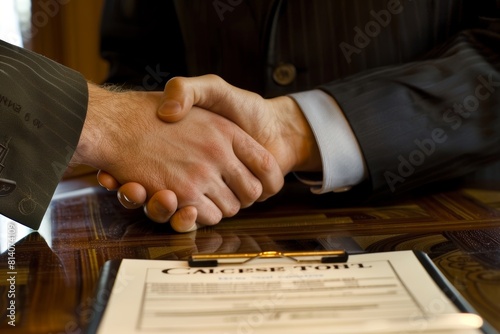 Firm Handshake Over Signed Contract Signifies Successful Business Deal