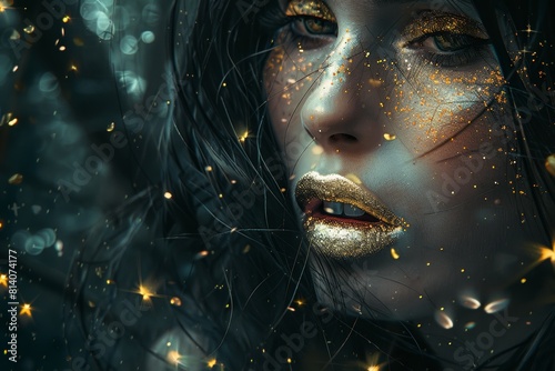 Enchanting Fairy Tale Queen with Sparkling Gold Glitter Lips in Dark Forest