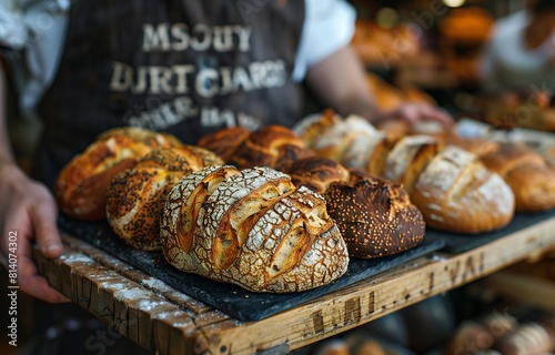 Bakery showcasing an array of fresh breads with prominent signage