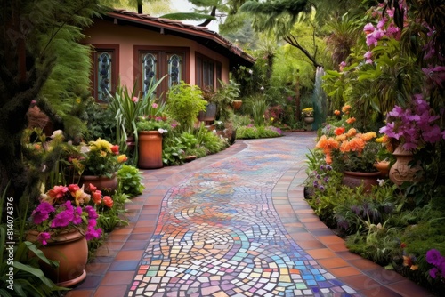 Colorful Tile path backyard flowers. Summer grass. Generate Ai