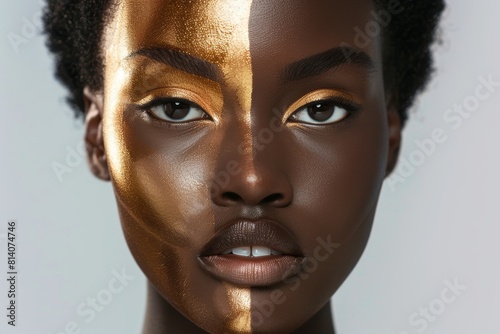 Elegant Golden Makeup Design on Model - Bold Contrast of Beauty and Minimalism