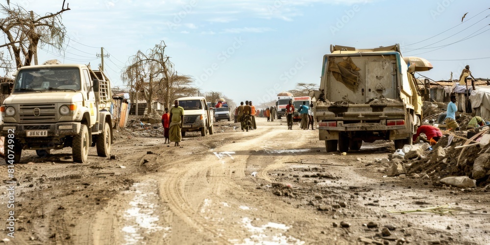 Fototapeta premium Rural Road Construction in Developing Country with Workers and Vehicles