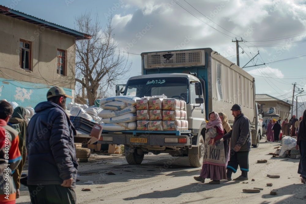 Naklejka premium Daily Life in a Rural Village: Locals, Truck, and Supplies Against a Rustic Background