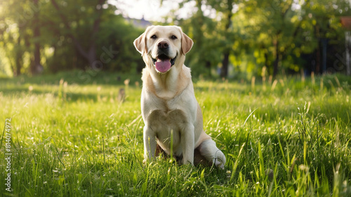 A Labrador retriever sitting obediently in a lush green field, with its tongue hanging out and a joyful expression on its face. © Евгений Архипов
