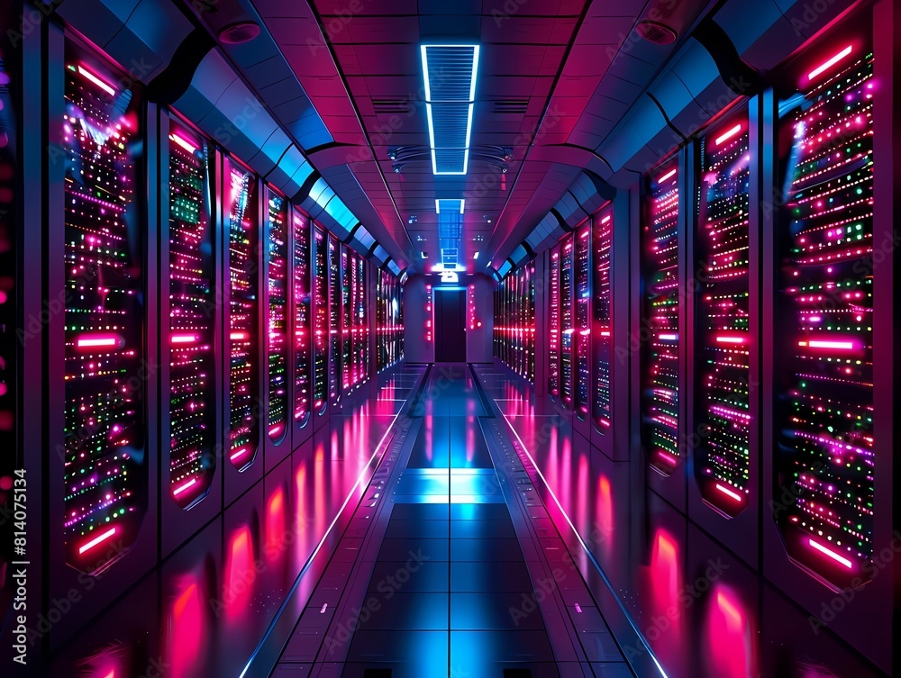 Fototapeta premium A futuristic data center with rows of servers and a glowing blue floor.