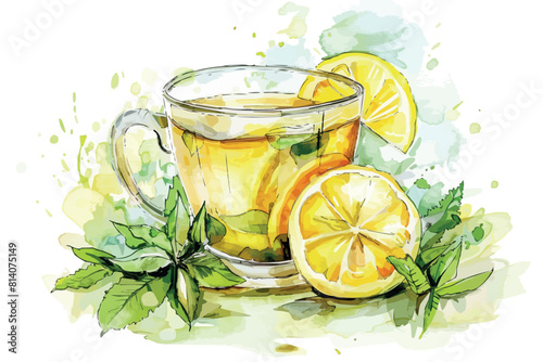 Watercolor illustration of summer cocktails lemonade. Ice tea cocktail with lemons