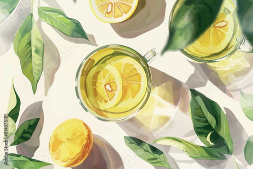 Watercolor illustration of summer cocktails lemonade. Ice tea cocktail with lemons