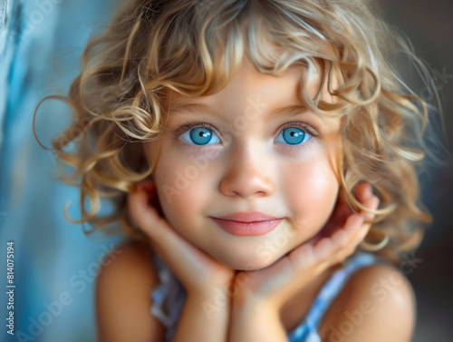 A little girl with curly hair and blue eyes.