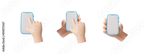 Holding phone in hands 3D vector set, touching mobile smartphone empty screen with forefinger, scrolling, swipe or click