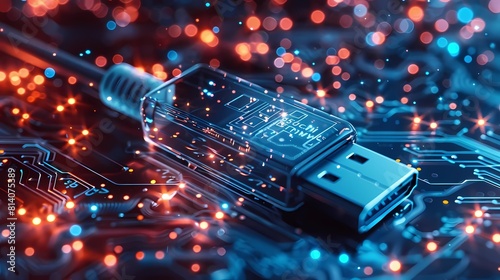 A circuit board with a USB cable plugged into it. The USB cable is transparent, and the circuit board is glowing red and blue.
