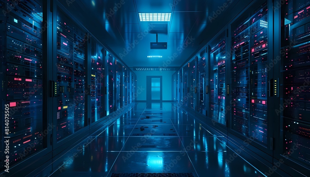 A dark and mysterious data center. The blue light of the servers is reflected on the floor. The air is cold and still. The only sound is the gentle hum of the machines.