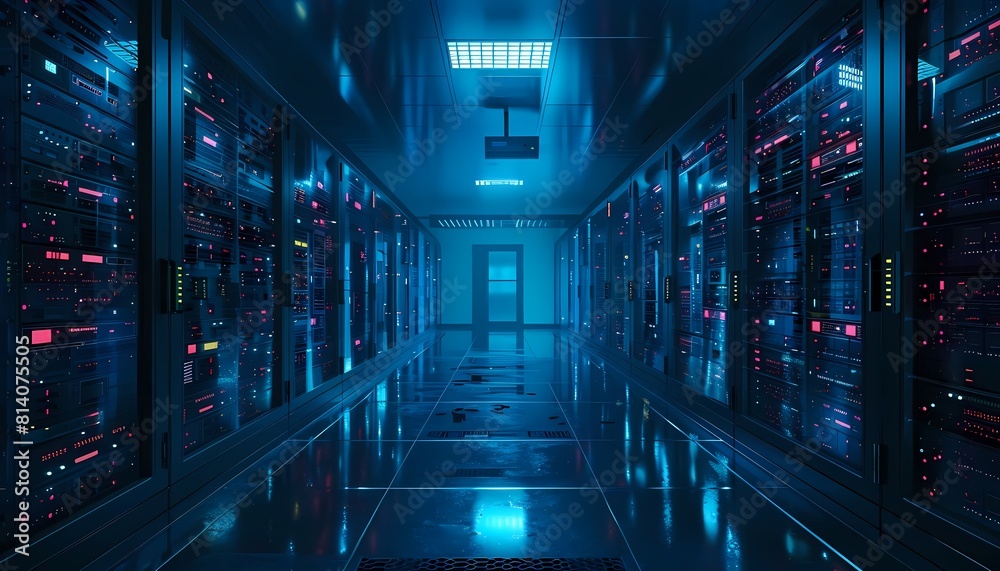Obraz premium A dark and mysterious data center. The blue light of the servers is reflected on the floor. The air is cold and still. The only sound is the gentle hum of the machines.