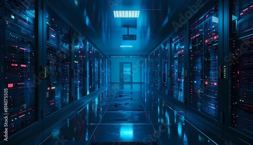 A dark and mysterious data center. The blue light of the servers is reflected on the floor. The air is cold and still. The only sound is the gentle hum of the machines. photo