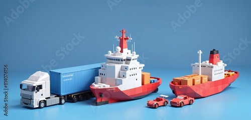 Conceptual representation of different types of global freight transportation as toys, types and ways of transporting goods and goods worldwide