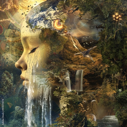 illustration woman  face  half nature  waterfalls  sun  nature  concept  Life with and in nature