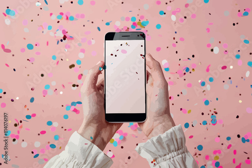 Cute 3D cartoon hand holding mobile smart phone with celebratory confetti flying around. Winner concept. Modern mockup. Vector illustration