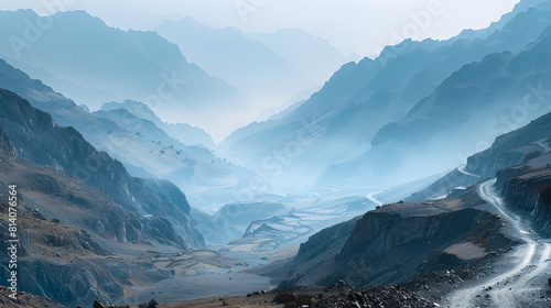A photo of the Salang Pass, with rugged mountain paths as the background, during a foggy morning