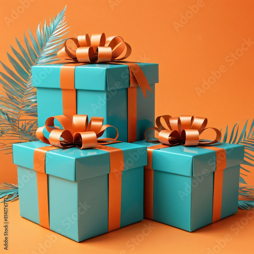 Turquoise gift box on orange background
