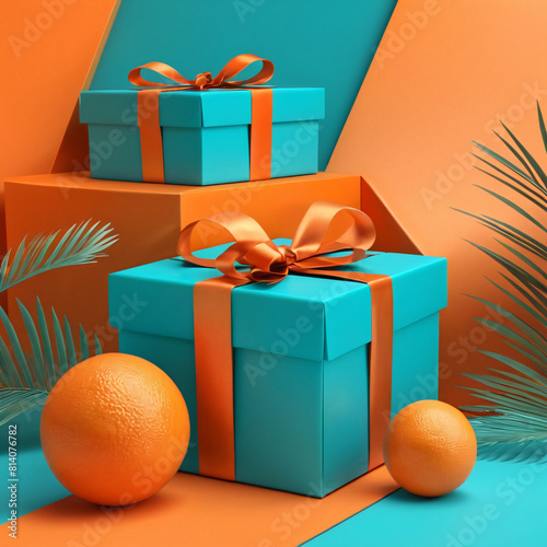 Turquoise gift box on orange background