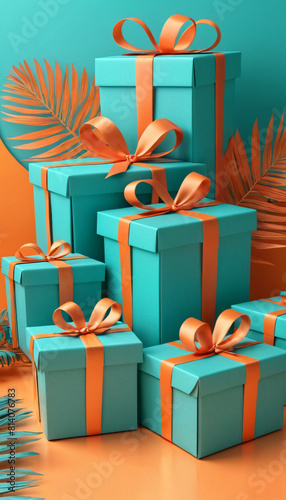 Turquoise gift box on orange background